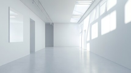 Modern white office interior with blank mock-up wall for custom design display, minimalist workspace with desk, chair, and natural lighting