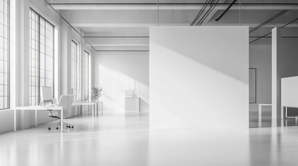 Obraz premium Modern white office interior with blank mock-up wall for custom design display, minimalist workspace with desk, chair, and natural lighting