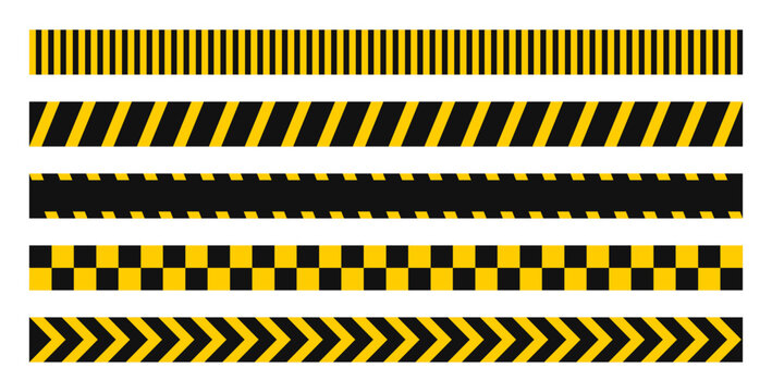 Yellow and black caution warning tape set: designed for industrial safety, roadwork, construction, and hazard areas. Vector illustration on a transparent background.