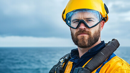 Fototapeta premium a marine welding specialist with safety equipment over ocean
