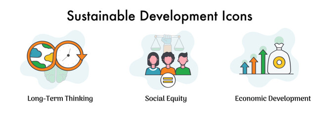 Comprehensive Development Icons: Social Equity, Interconnectedness, Long-Term Thinking