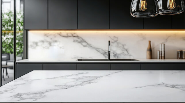 Close up of light marble kitchen island countertop on blurred background in modern dark kitchen