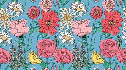 Fototapeta premium Modern floral with flowers print. Seamless pattern. Hand drawn style.