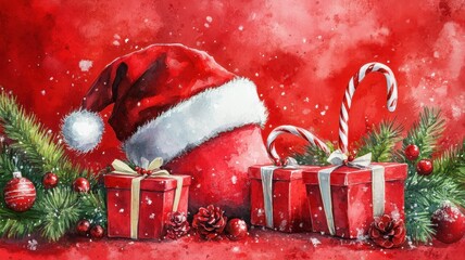 Watercolor Christmas set,Christmas decoration element,Surprise winter holiday realistic objects,Decoration elements for greeting cards banners,Merry Christmas and happy new year greeting concept.