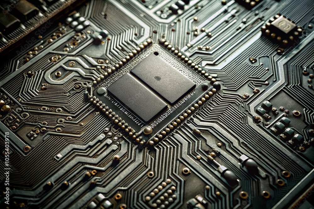Poster close-up photography of interconnected microchip circuits showcasing complex patterns and technology