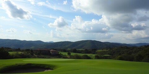 Obraz premium Green golf course with rolling hills and vibrant blue sky, perfect for golf themed wallpaper, sky, sports