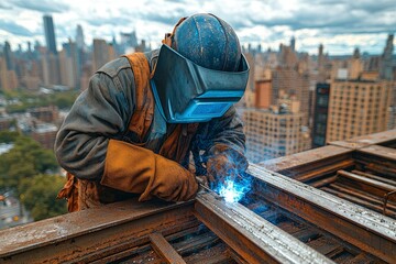 A Welder on a Rooftop in a City, Welding Metal Beams