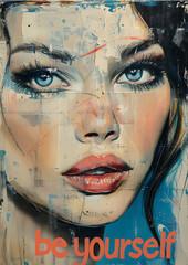 A surrealistic graffiti artwork of a woman’s face on a textured wall with the words "be yourself," in dreamy colors, evoking mystery and self-expression