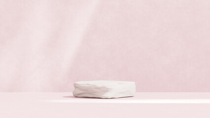 Background featuring an empty product display mockup with a pink backdrop and abstract geometric platforms designed for showcasing merchandise in landscape orientation.