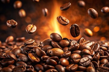 Fototapeta premium Closeup of Aromatic Coffee Beans Falling on Freshly Roasted Heap in Super Slow Motion Macro Shot