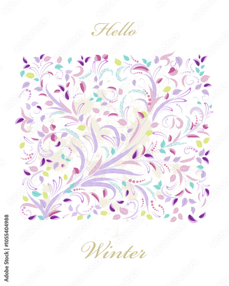 Aufkleber hello winter. invitation card with floral swirl pattern. leafy ornament against grungy splash backgr
