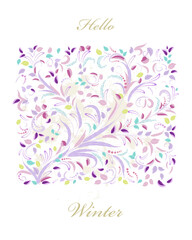 hello winter. invitation card with floral swirl pattern. leafy ornament against grungy splash background