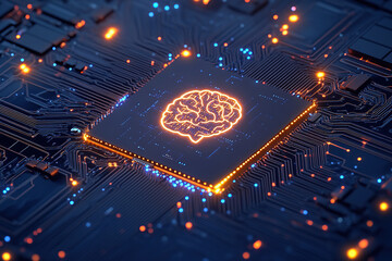 Futuristic Microchip with Glowing Digital Brain Design