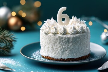 Fototapeta premium A delightful white cake adorned with a number six candle for a child's birthday celebration