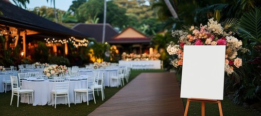 Obraz premium Outdoor Wedding Reception Venue Decorated with String Lights and Floral Arrangements at Sunset.