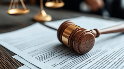 Wooden gavel resting on legal documents on a desk with brass justice scales in the background, symbolizing law and judicial authority.