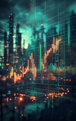 Obraz premium Stock market chart with green and red candlesticks, energy sector icons overlayed