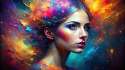 Beautiful fantasy abstract portrait of a beautiful in colorful galaxy