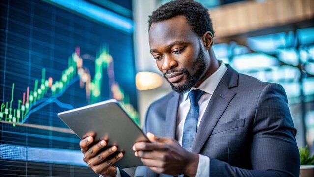 African businessman working in tablet forex analysit