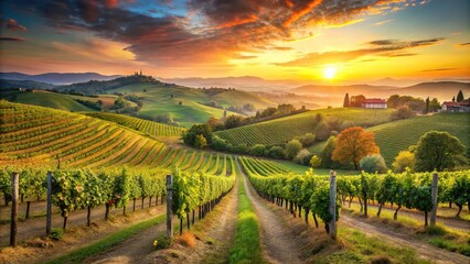 Naklejka premium Panoramic view of an Italian vineyard at sunset with rolling hills and grapevines, grapes, vines