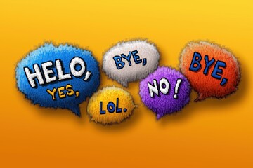 Colorful speech bubbles with greetings and farewells on a bright yellow background