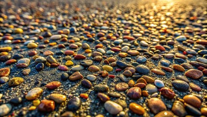 Obraz premium Randomly scattered pebbles create a unique texture on the surface of asphalt, rough ground, exterior shot, urban environment, outdoor landscape, asphalt texture