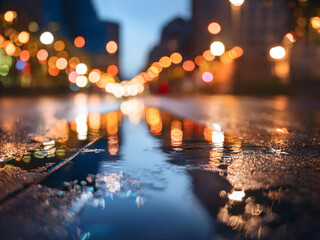 abstract of street lights and puddle of water