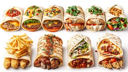 A variety of delicious looking wraps with different fillings, including meat, cheese, vegetables, and sauces.