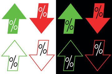 Collection of Arrows with percentage icon. Percent with green arrow up and red arrow down. Increasing and reduction percentage. Vector illustration isolated on white and black background.