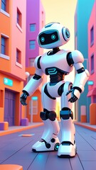 Futuristic robot exploring colorful urban streets in a vibrant city setting