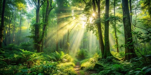 Naklejka premium Secluded forest with dense foliage and sunlight filtering through the trees, wilderness setting, forest scenery