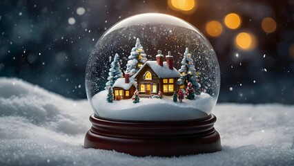 Snow globe with a soft glow, showcasing a miniature Christmas scene, magical and cozy. AI-generated.	