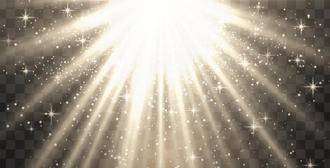 Bright white radiant light burst with sparkles and glittering particles on a transparent background, creating a festive effect. Light with flares Sun rays of dawn. Wallpaper