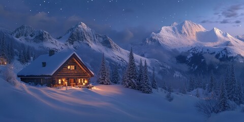 Fototapeta premium Snowy cabin nestled in mountains under starry night.