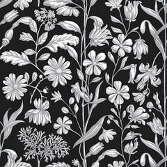 Vector Wildflower floral botanical flowers. Wild spring leaf wildflower isolated. Black and white engraved ink art. Seamless background pattern. Fabric wallpaper print texture.