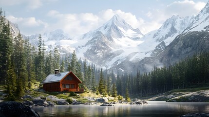 Obraz premium A remote mountain cabin surrounded by pine trees and snow-capped peaks