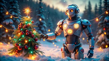 Fototapeta premium Futuristic robot decorating Christmas tree on winter background