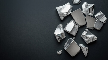 Collection of silver metal shards on dark textured background with polished surfaces and uneven edges, scattered composition conveying a metallic and industrial appearance.