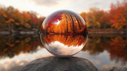 Fototapeta premium Crystal sphere reflecting autumn colors on serene lake surface.