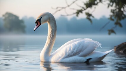 Fototapeta premium Beautiful swan swimming on the lake