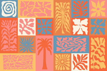 Vector seamless pattern in simple floral wavy and groovy naive style, flowers and plants, floral botanic hand drawn design templates, modern art prints, surface design