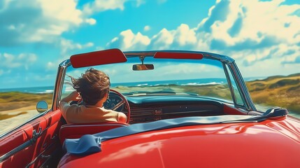 A person driving a classic red convertible along a scenic coastal road under a vibrant sky.