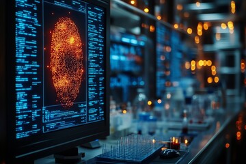 Advanced forensic technologies, including fingerprint analysis scanners, DNA testing equipment, and digital forensic tools used by specialists in a high-tech laboratory environment. Generative AI