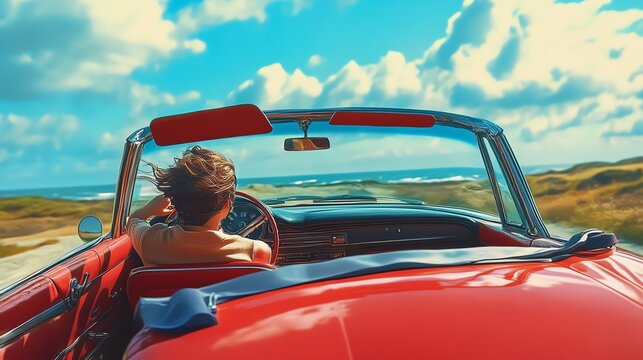 A person driving a classic red convertible along a scenic coastal road under a vibrant sky.