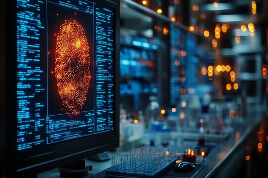 Advanced forensic technologies, including fingerprint analysis scanners, DNA testing equipment, and digital forensic tools used by specialists in a high-tech laboratory environment. Generative AI - Powered by Adobe