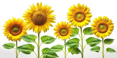 Sunflowers in various stages of growth arranged in a stylized composition with leaves and stems, rustic charm, flower arrangement, sunflower wallpaper, garden wall decor, vibrant colors