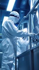 Scientists in Sterile Laboratory Suits Operating Advanced Industrial Equipment in a High-Tech Pharmaceutical Manufacturing Facility