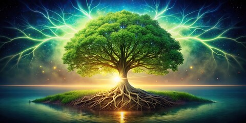 Tree of life with glowing roots, symbolizing the energy and vitality that flows through the natural world, harmony, tree, radiance, luminescence, balance