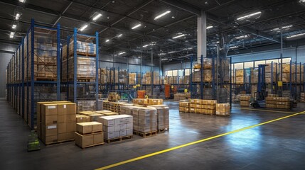 Modern Warehouse Interior with Stacked Boxes and Shelving Units Under Bright Industrial Lighting