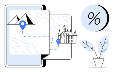 Digital map showing mountains and a castle with route and pinpoints on a smartphone. Percentage sign and potted plant. Ideal for travel apps, vacation planning, journey mapping, tourism promotion